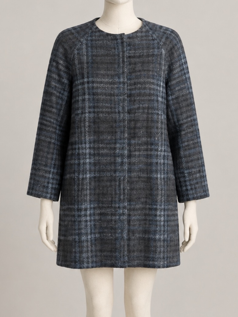 Liz Claiborne Blue-Gray Plaid Wool Pea Coat